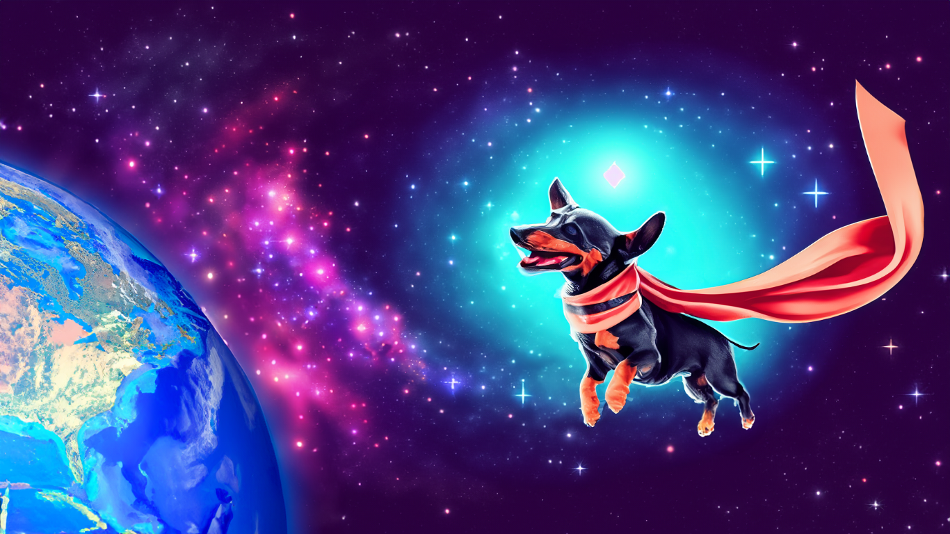 An image showing a small dog with a cape flying over the planet earth with the Milky Way galaxy beind him.