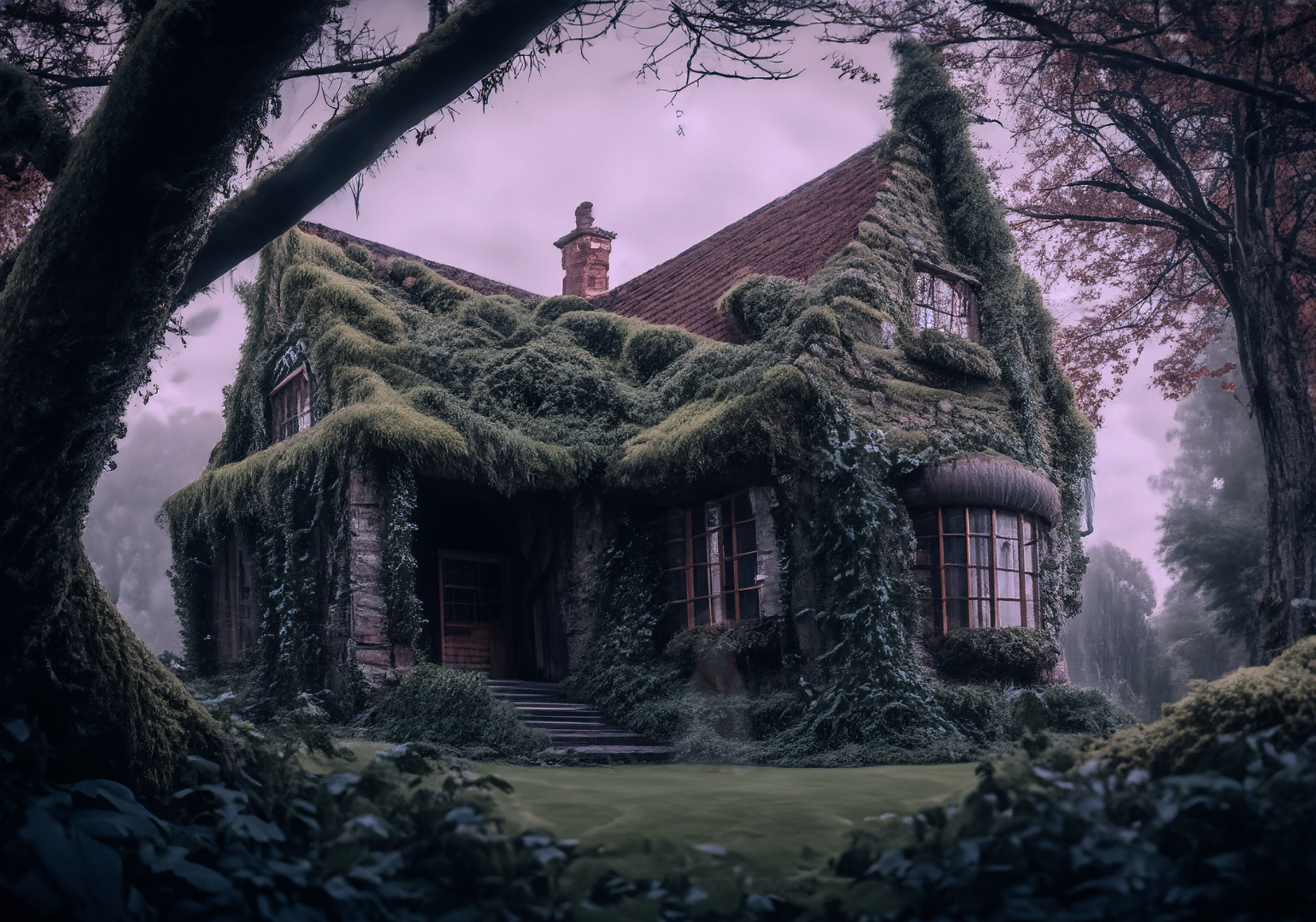 An image of an overgrown cottage. It is misty in the background and is well hidden. There is a small ghostly girl, barely visible, in front of the disregarded home.